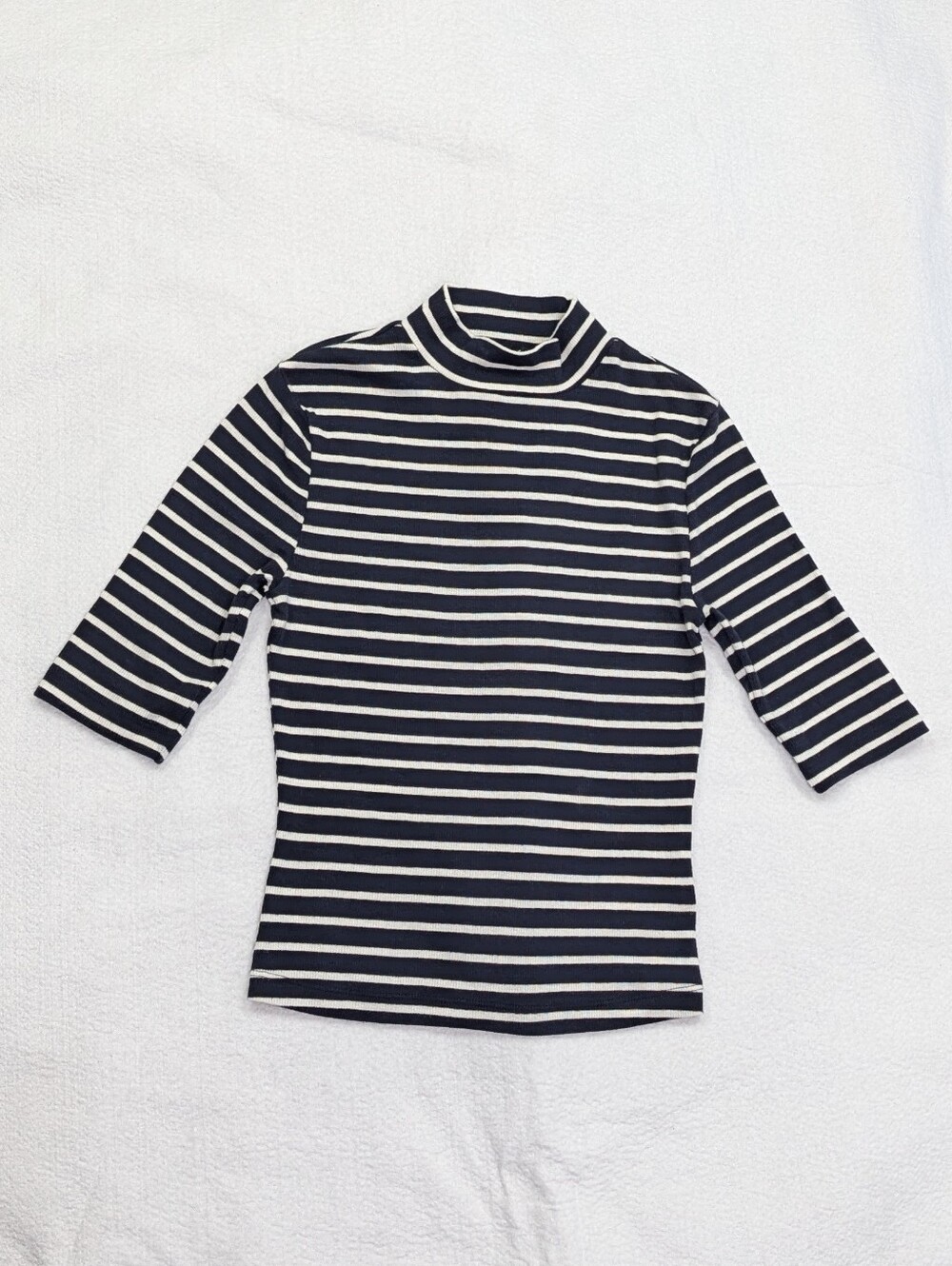 Express Womens XS Knit T Shirt Elbow Sleeves Top Striped Fitted Mock Neck Navy